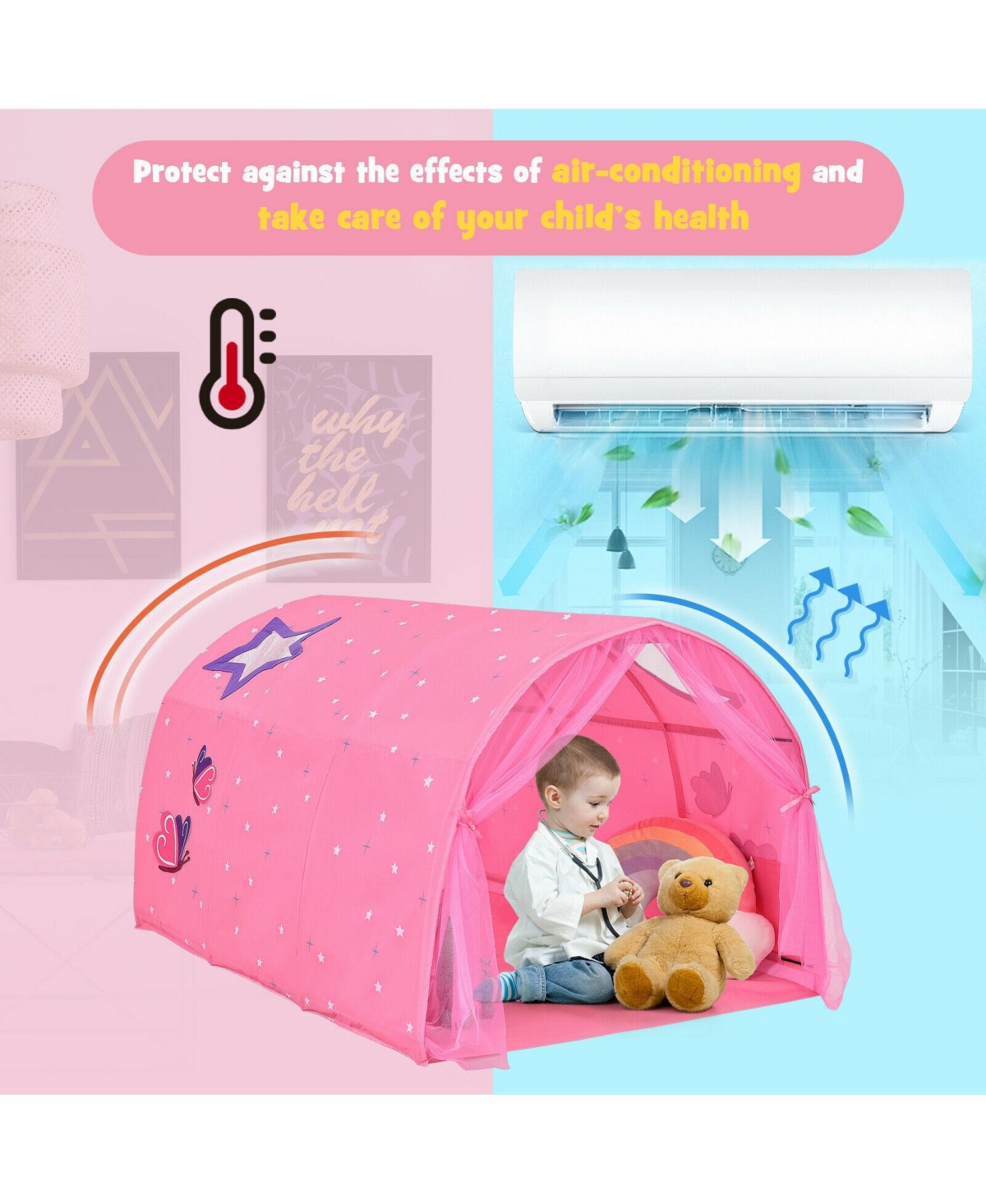 Vebreda Kids Galaxy Starry Sky Dream Portable Play Tent with Double Net Curta- Pink