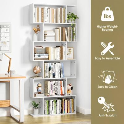 74.8" MDF Wood 6-Tier S-Shaped Bookshelf Freestanding Bookcase Storage Organizer for Living Room & Office