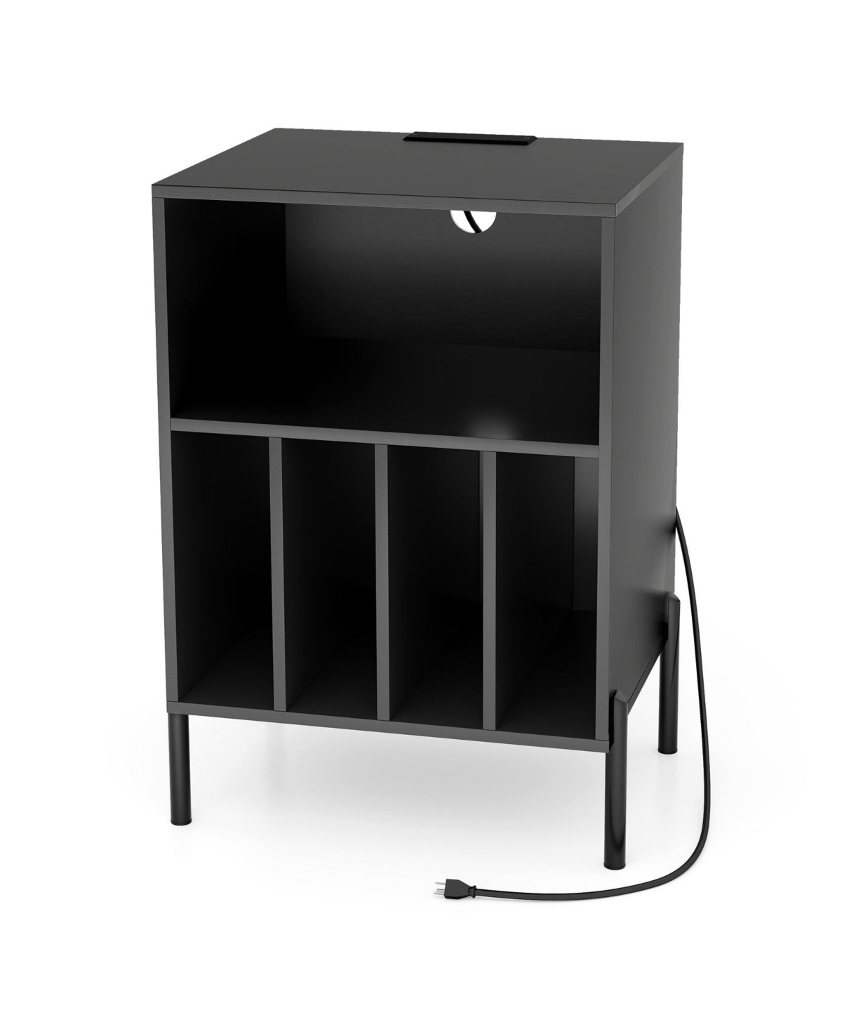 Skonyon Record Player Stand with Record Storage Shelf and Charging Station- Black