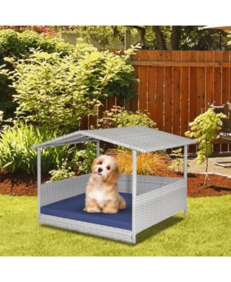 Wicker Dog House with Waterproof Roof and Washable Cushion Cover-Navy