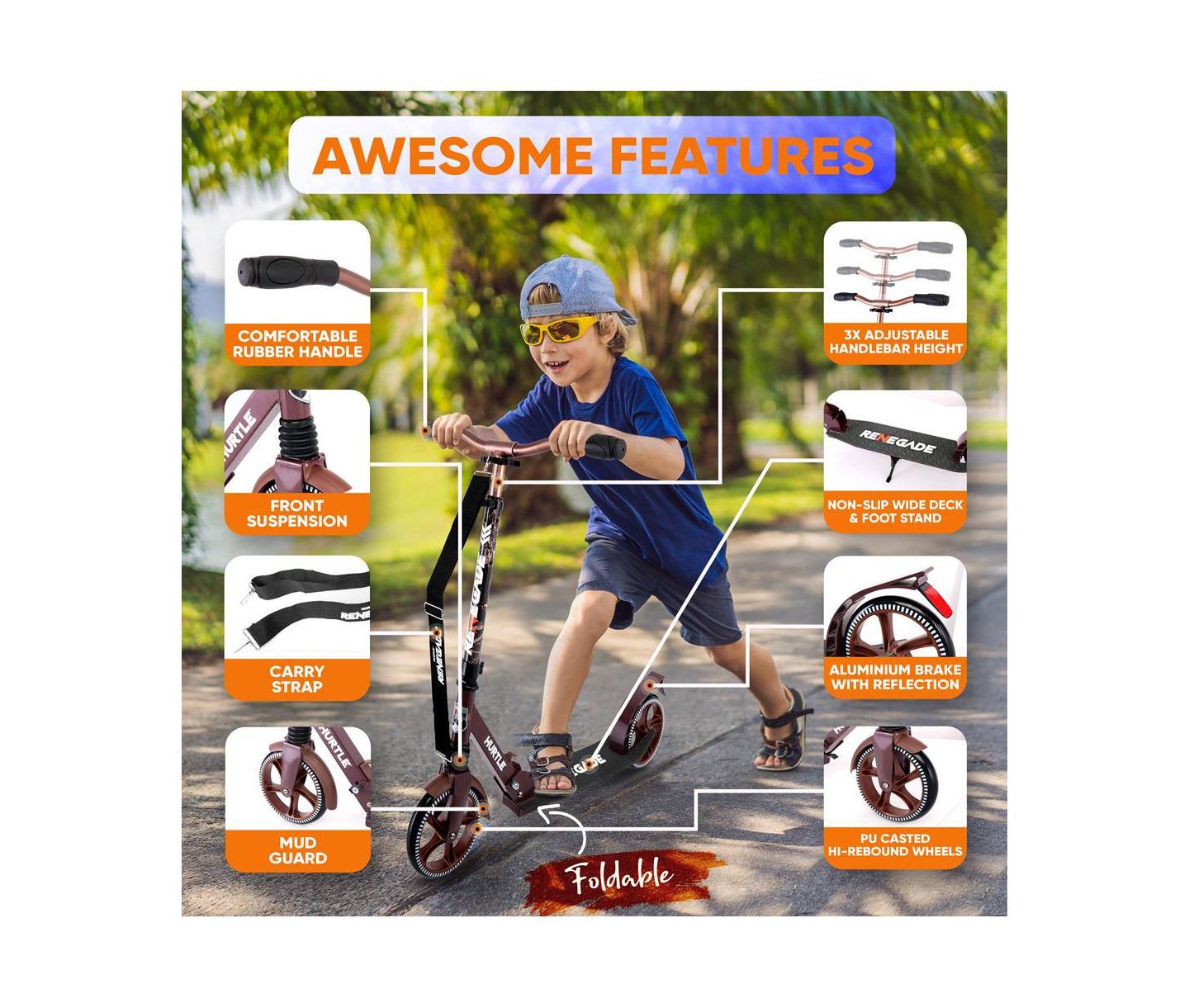 Детская игрушка Hurtle Renegade Aluminum Alloy Foldable Lightweight Kick Scooter, 220 LB Capacity, Ages 8+ — фото 4