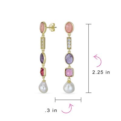 Boho Tri Tone Mixed Crystal Accent Linear Thin Long Baroque Pearl Pink Tourmaline Purple Natural Amethyst Dangle Earrings Gold Plated