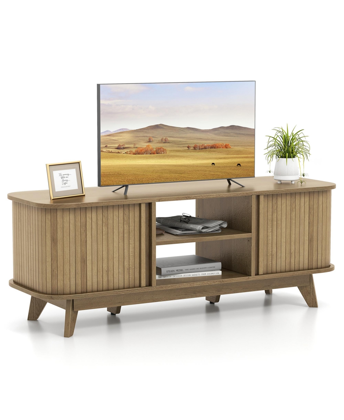 Tv Stand for Tv up to 55 Inch Television Cabinet with 2 Open Shelves Sliding Doors