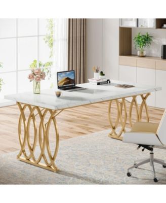 Modern Dining Table, 63" Large Kitchen Table for 4-6 People, Unique Rectangular Dinner Table Kitchen & Dining Room Furniture with Faux Marble Tabletop and Geometric Legs