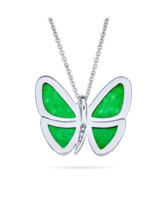 Nature CZ Accent Green Malaysian Jade Garden Insect Butterfly Necklace Pendant Silver Plated