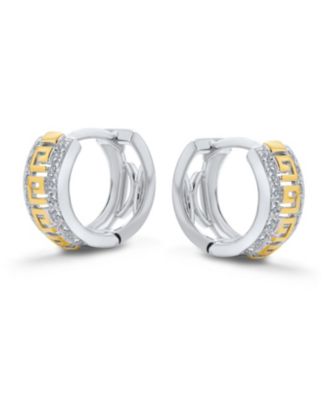 Two Tone Greek Key Cutout Huggie Hoop Earrings Cubic Zirconia CZ Gold Plated Sterling Silver