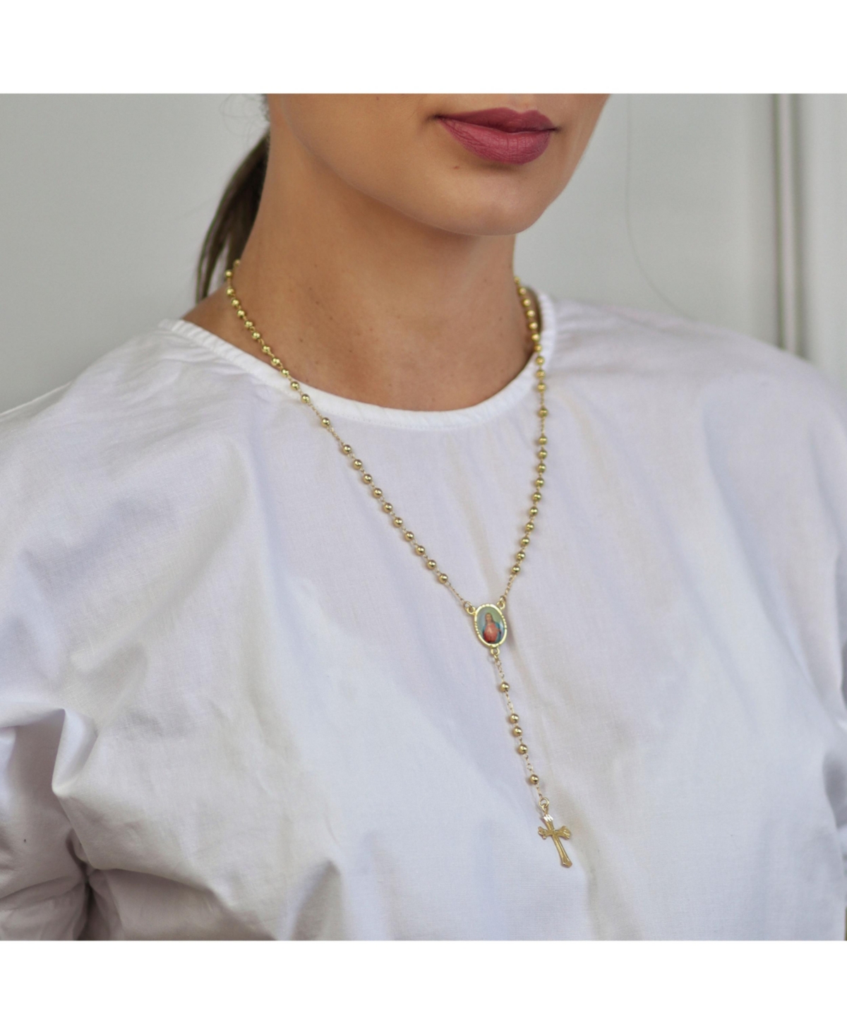 Bling Jewelry Catholic Christian Prayer Rosario Beads Scared Heart of Jesus Cross Catholic Rosary Beads Necklace For Women 18K Gold Plated Brass - Gol