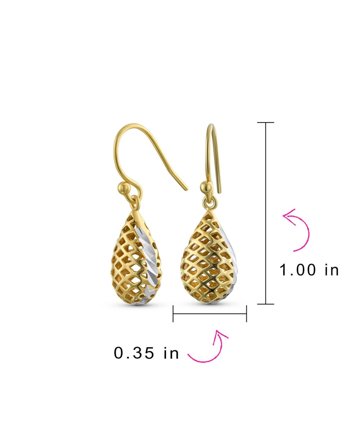 Bling Jewelry Basket Weave Puffed Pear Shaped Rain Drop Teardrop Earrings For Women Fishhook Yellow Gold Plated Sterling Silver