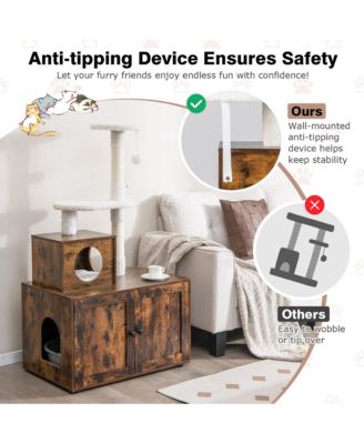 2-in-1 Wooden Litter Box Enclosure with Cat Tree Hidden Washroom Furniture