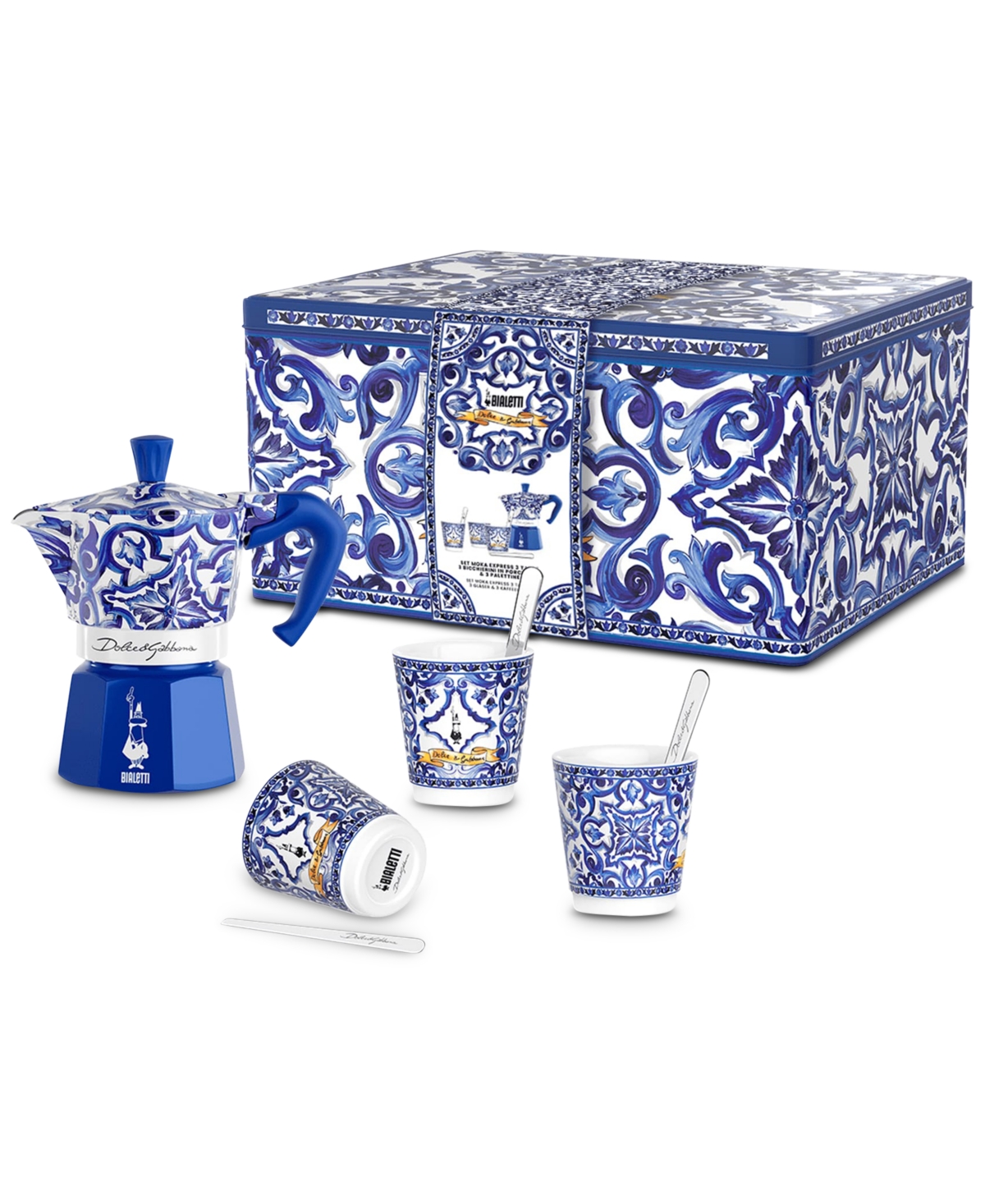 BIALETTI DOLCE & GABANNA MOKA SET WITH 3 CUPS AND SILVER-TONE STIRRERS 