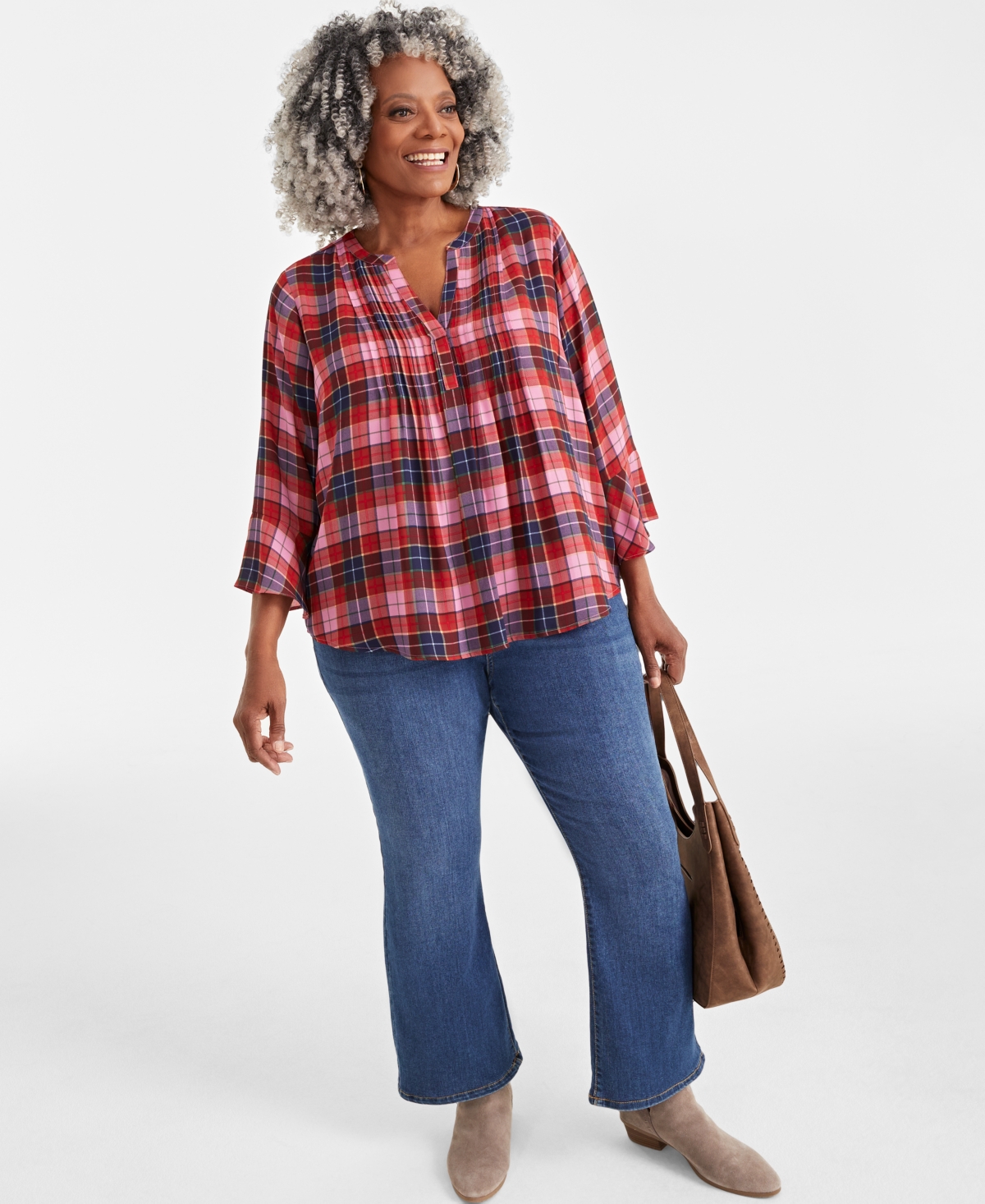 Style & Co Plus Size Printed V-Neck Pintuck 3/4-Sleeve Top, Created for Macy's