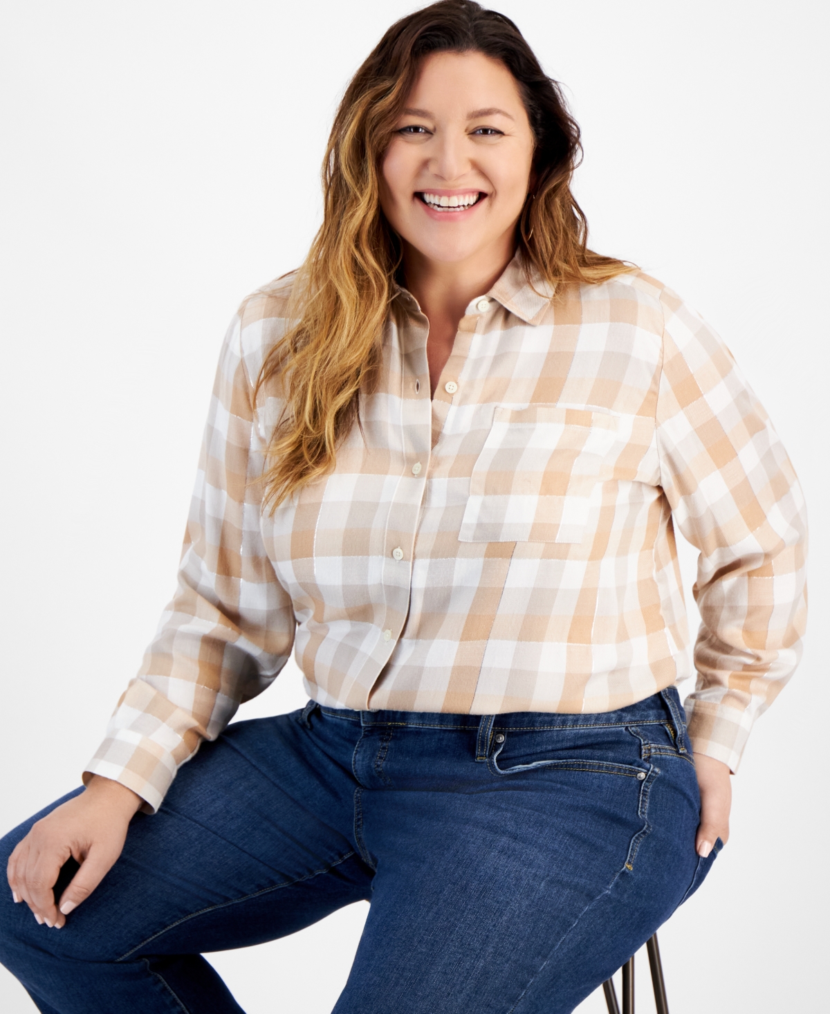 STYLE & CO PLUS SIZE SHINE PLAID PERFECT SHIRT, CREATED FOR MACY'S 