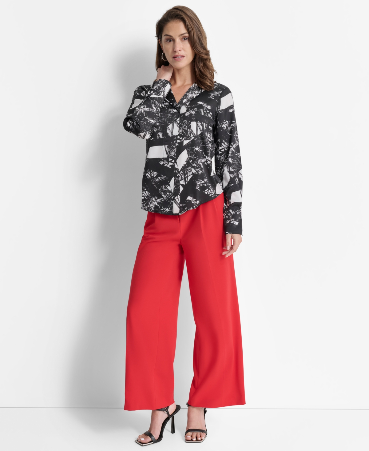 Dkny Women's Printed Button-Front Long-Sleeve Satin Blouse