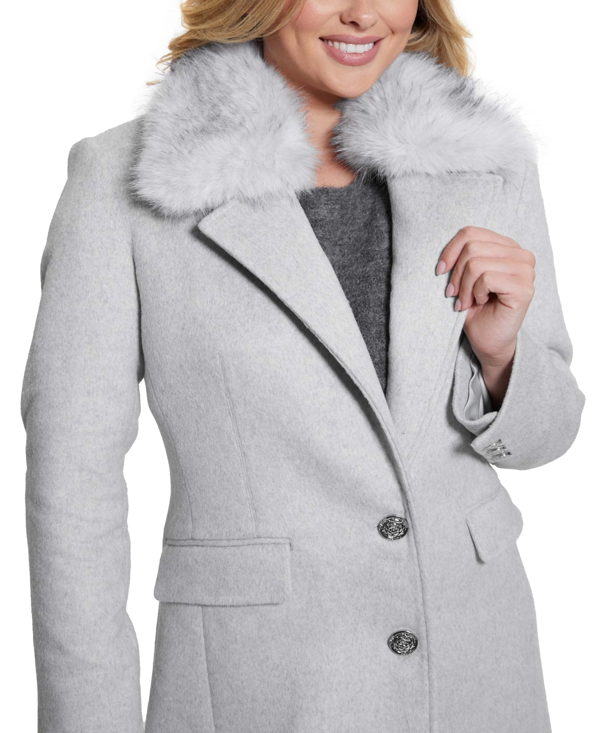 Shop Guess Women's Nancy Faux-fur-collar Long Coat In Grey