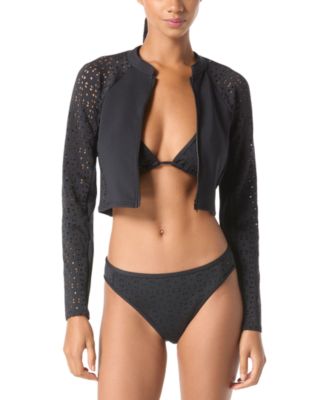 Michael Kors Michael  Womens Laser Cut Long Sleeve Rash Guard Laser Cut Hipster Bikini Bottoms In Black