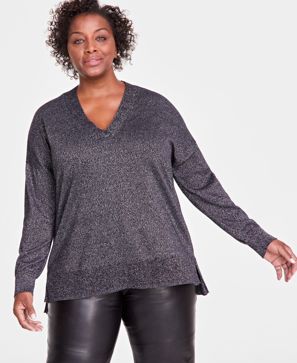 INC INTERNATIONAL CONCEPTS PLUS SIZE METALLIC-KNIT V-NECK SWEATER, CREATED FOR MACY'S 