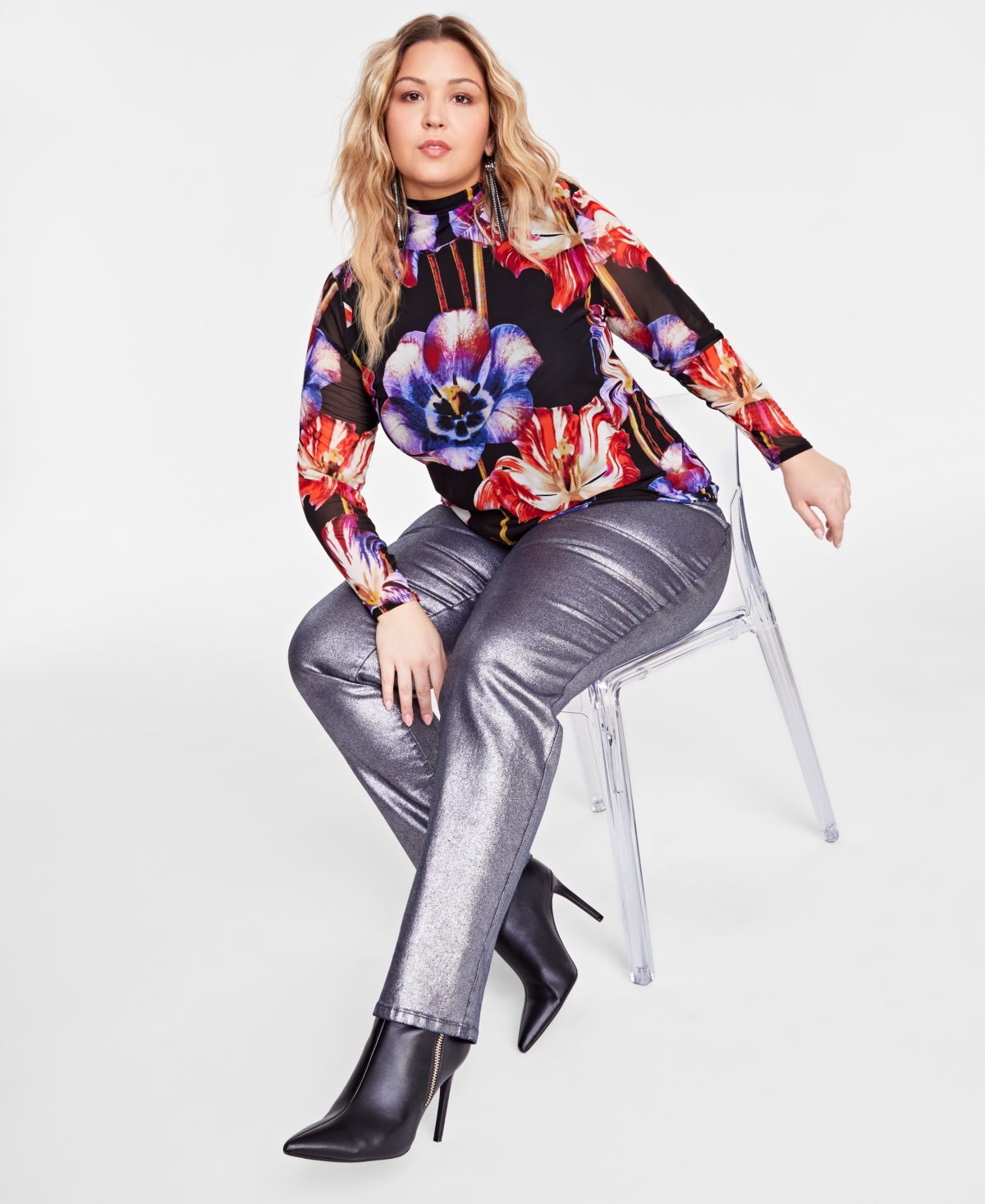 I.n.c. International Concepts Plus Size Floral-Print Mesh Turtleneck, Created for Macy's