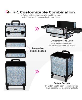 Mermaid Silver 4in1 Rolling Makeup Train Case Cosmetic Organizer Wheel