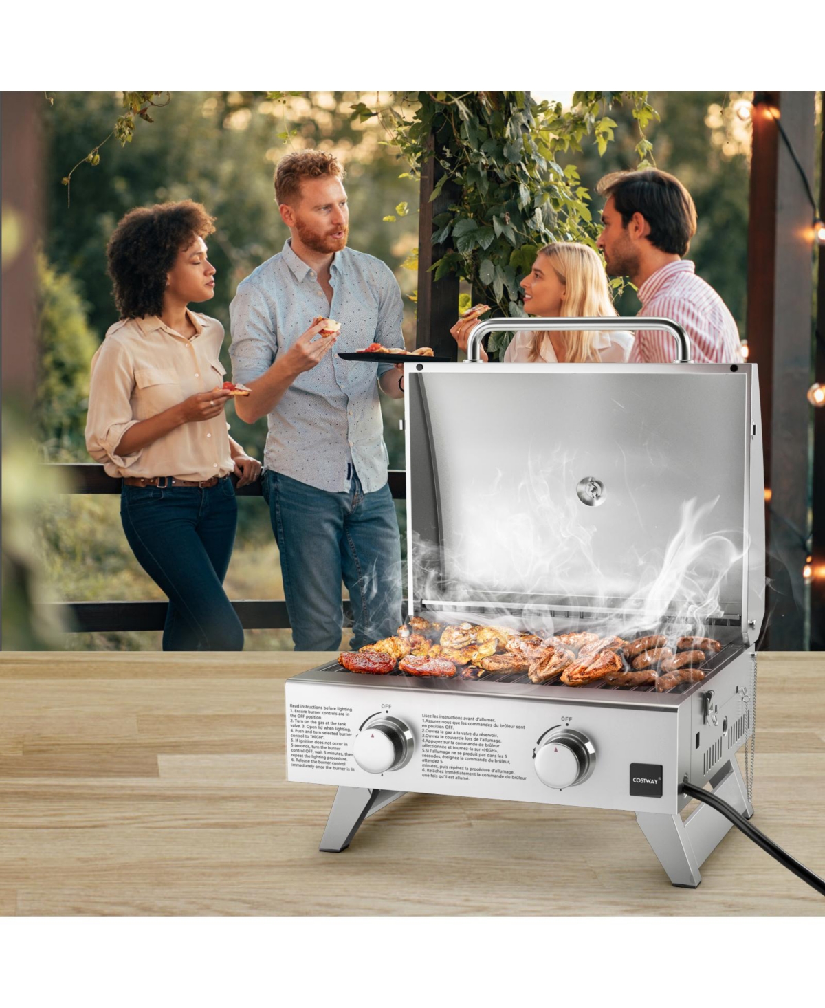 Givimo Stainless Steel Propane Grill with Lid for Outdoor Camping Tailgating Picnic Party- Silver