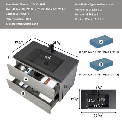 36&amp;#x22; MFC &amp; Quartz Sand Wall-Mounted Design, Soft-Close Hinges &amp; Water-Resistant Finish Bathroom Vanity