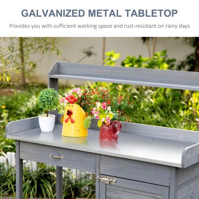 Outdoor Potting Table with Storage and Steel Top, Gray