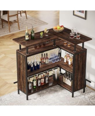 Home Bar Unit, L-Shaped Bar Table with Stemware Racks and 2-Tier Shelves, Corner Mini Coffee Liquor Cabinet with Footrest for Home/Kitchen/Pub, Rustic Brown