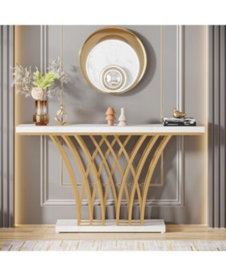 Modern Gold Console Table with Grid-Shaped Metal Base and 59-Inch Faux Marble Top for Entryway, Hallway or Living Room