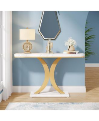 Modern Gold Console Table, 40 inch Narrow Entryway Foyer Table with Geometric Base, Rustic Hallway Accent Table for Living Room, Entrance