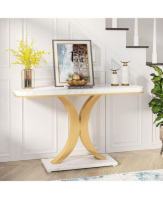 Modern Gold Console Table, 40 inch Narrow Entryway Foyer Table with Geometric Base, Rustic Hallway Accent Table for Living Room, Entrance