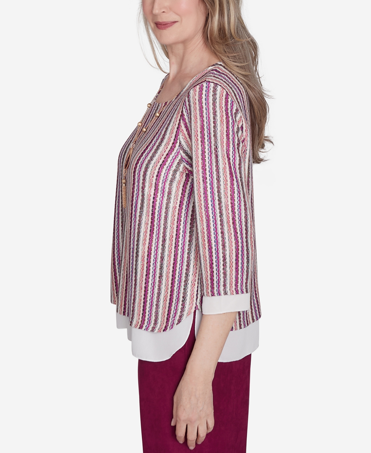 Alfred Dunner Petite Wine Country Metallic Stripe Necklace Top