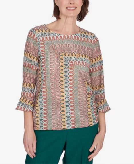 Petite Emerald Isle Spliced Texture Top with A Drawstring Hemline - Mugreen