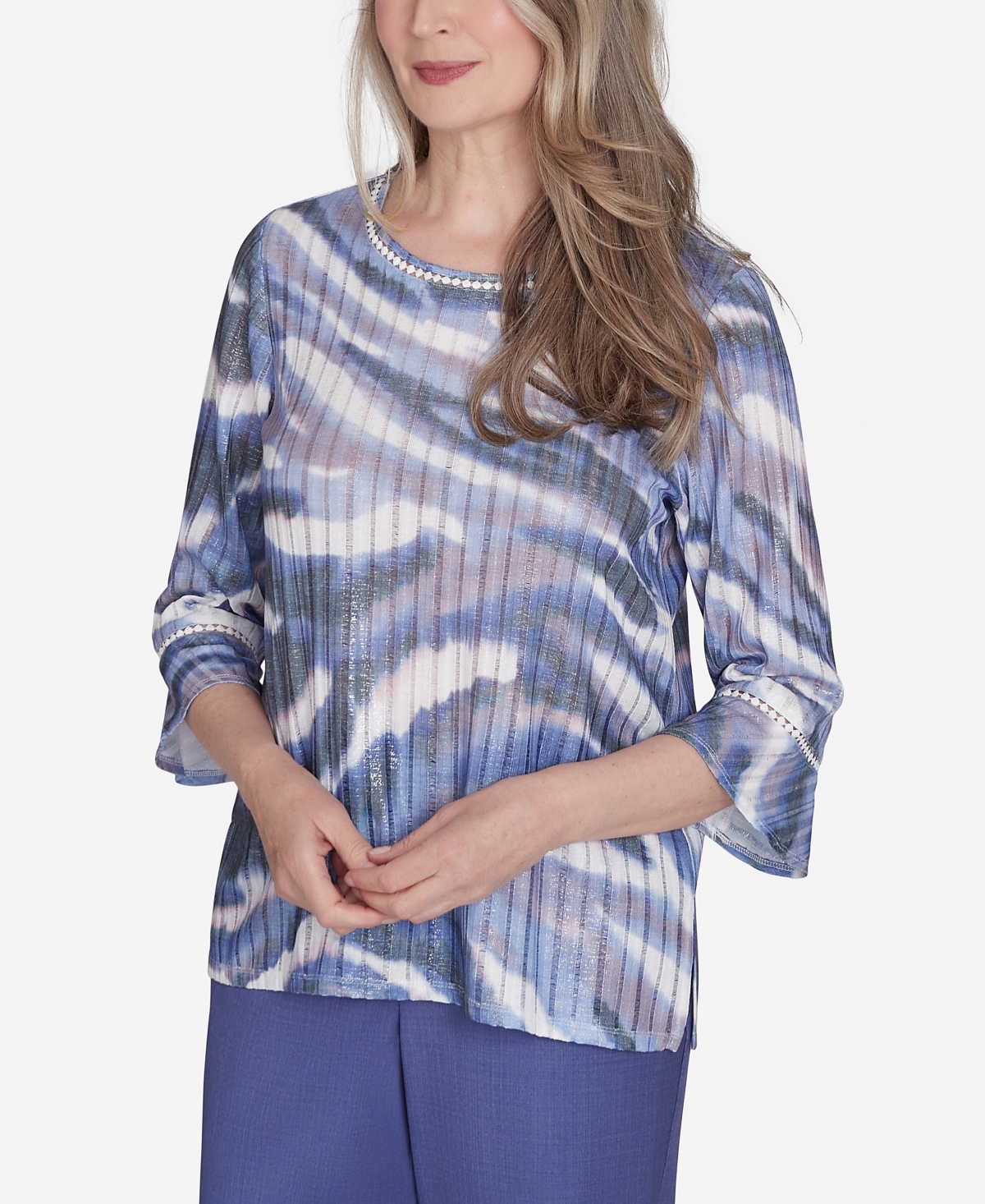 Shop Alfred Dunner Petite Worth Avenue Watercolor Top With Three Quarter Bell Sleeves In Mupurpl