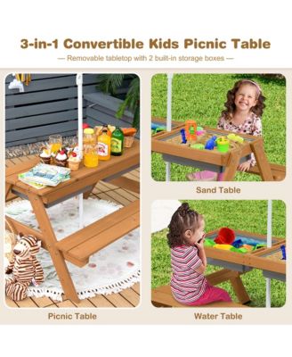3-in-1 Kids Picnic Table Wooden Outdoor Sand & Water Table w/Umbrella Play Box es