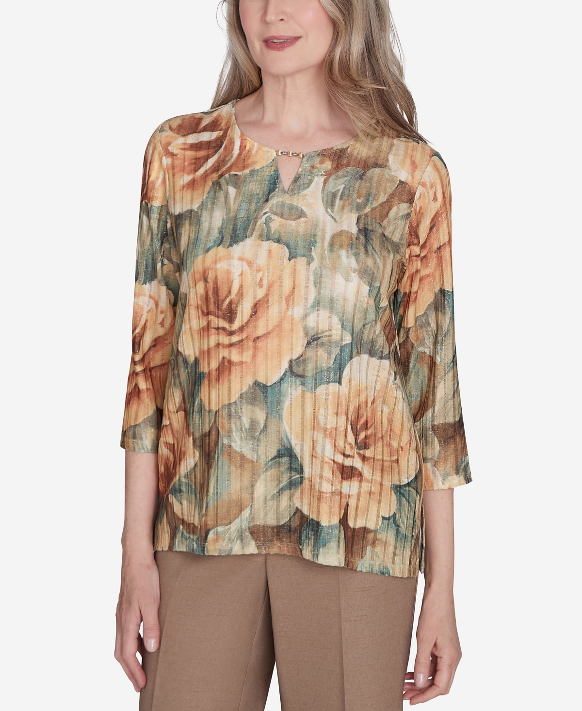 Alfred Dunner Plus Size Emerald Isle Vintage-like Floral Top In Muneutr