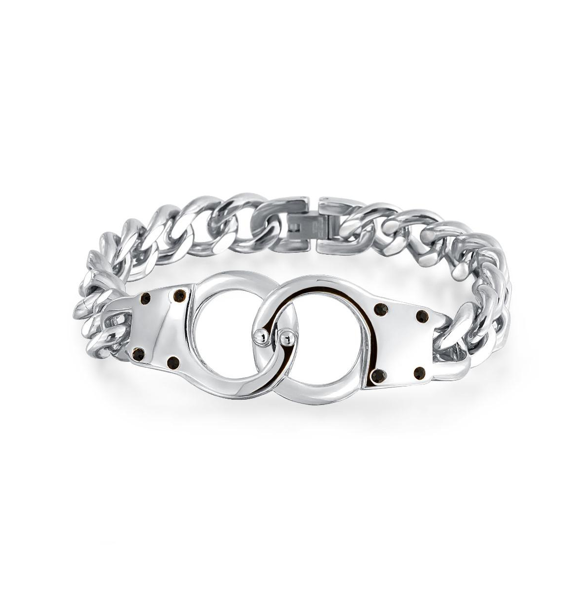 Biker Jewelry Interlocking Handcuff Bracelet with Padlock Curb Chain Stainless Steel - Silver tone