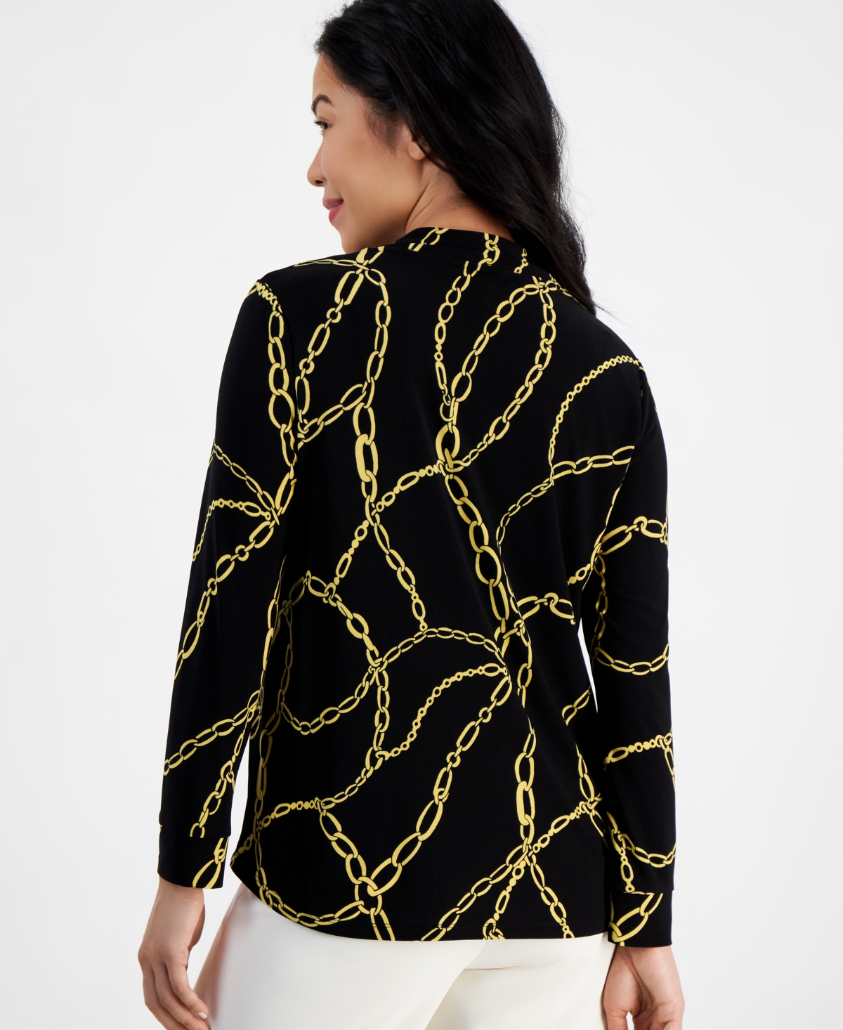 Ak Anne Klein Petite V-Neck Chain-Print Blouse