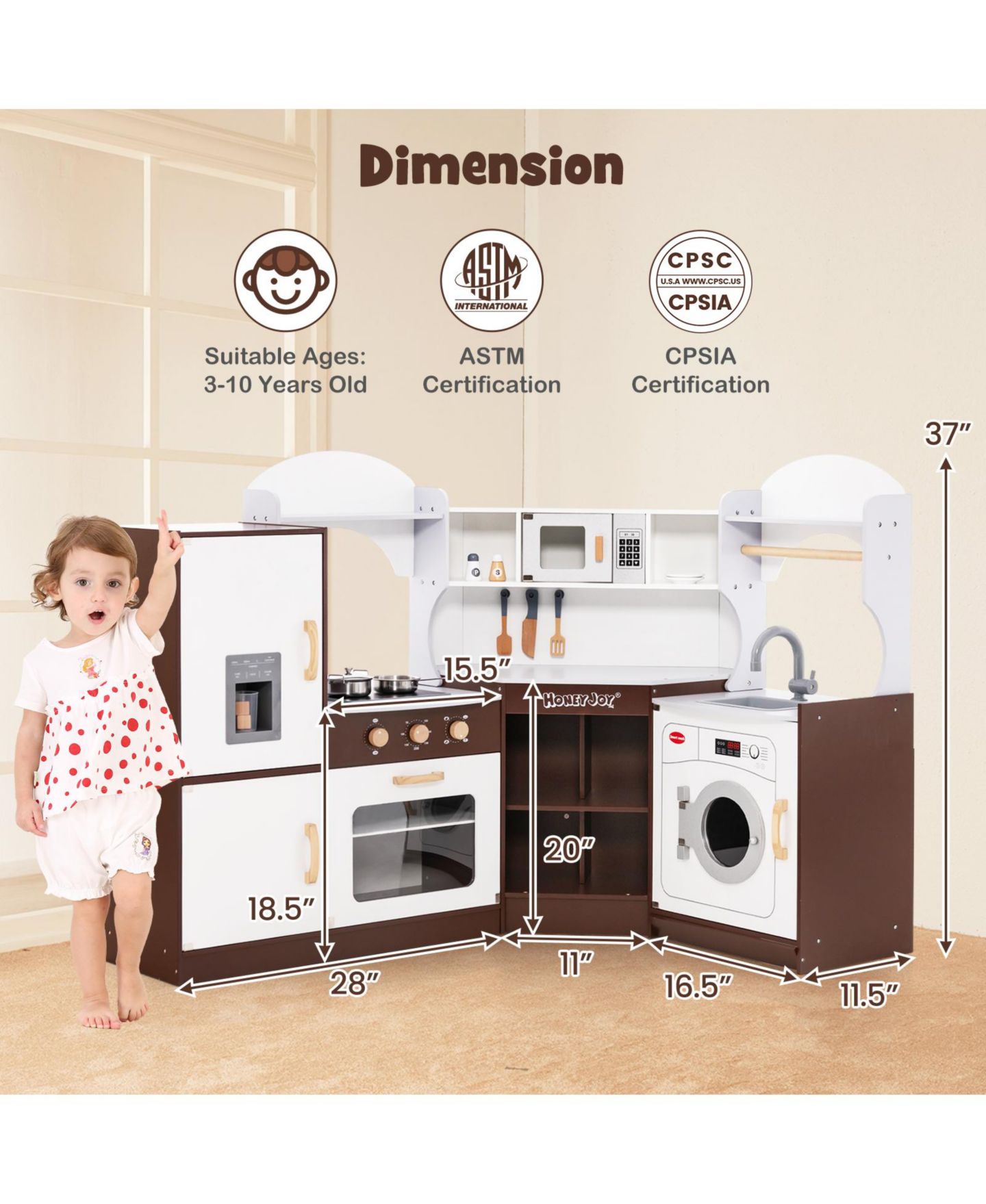 Детские игрушки Costway Wooden 16-Piece Corner Play Kitchen with Ice Maker and Microwave, Ages 3+, цвет: Коричневый — фото 3