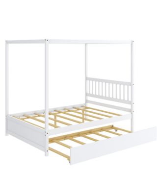 Full Size Canopy Bed with Trundle Wooden Platform Bed Frame Headboard Grey