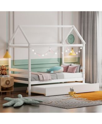 Twin House Bed Frame w/ Trundle Roof Wooden Platform Mattress Foundation Grey