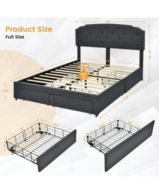 Full Platform Bed Frame with 4 Storage Drawers Adjustable Headboard Grey