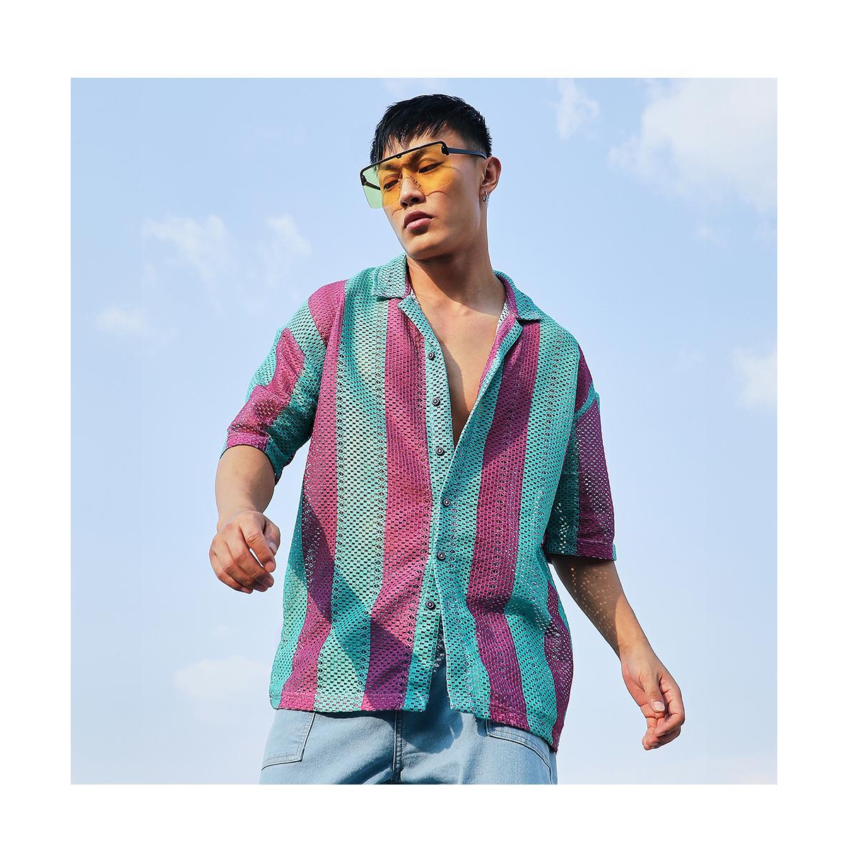 Campus Sutra Men's Mint& Plum Purple Balanced Striped Oversized Shirt - Green