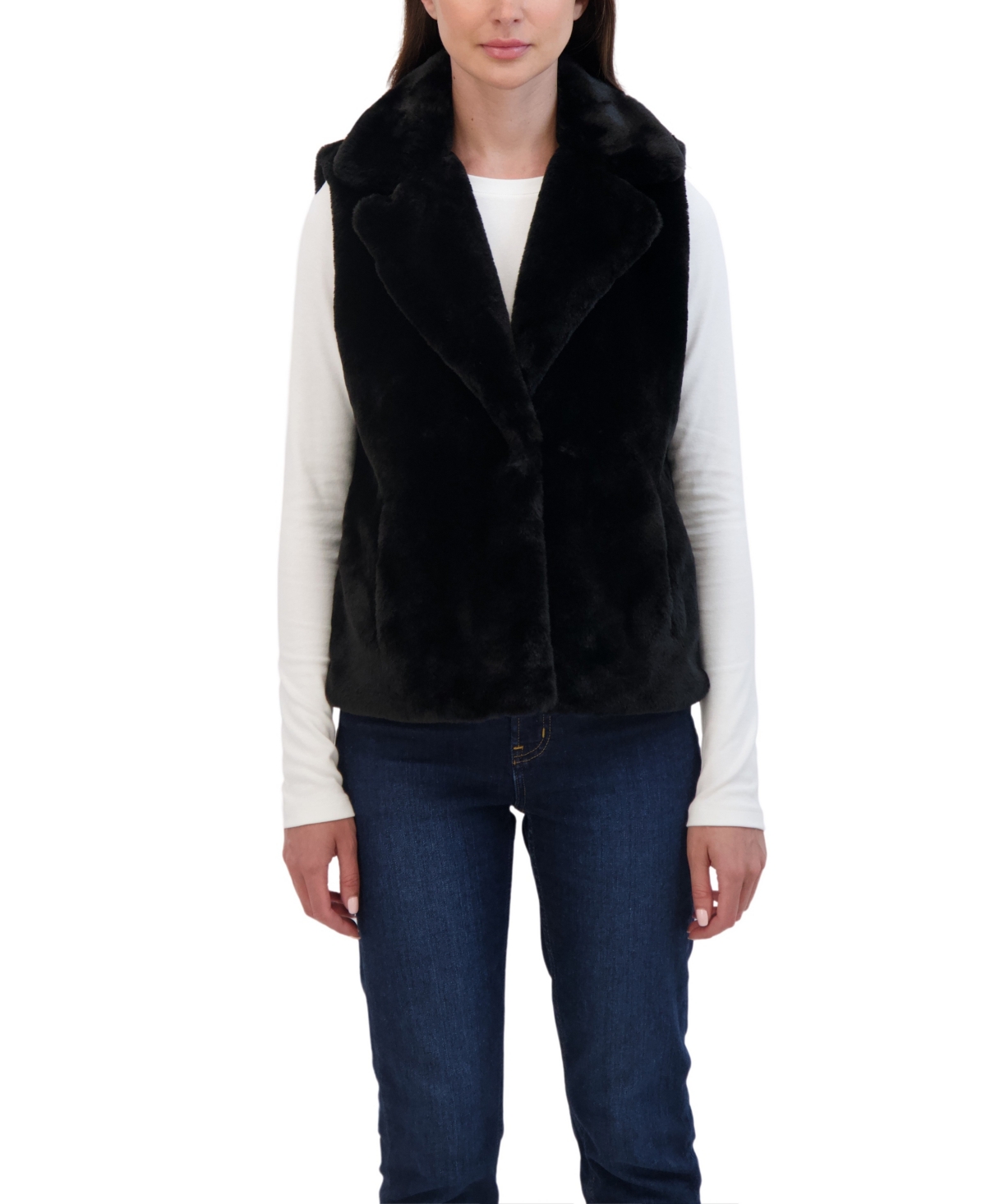 Women's Faux Fur Notch Collar Vest - Black