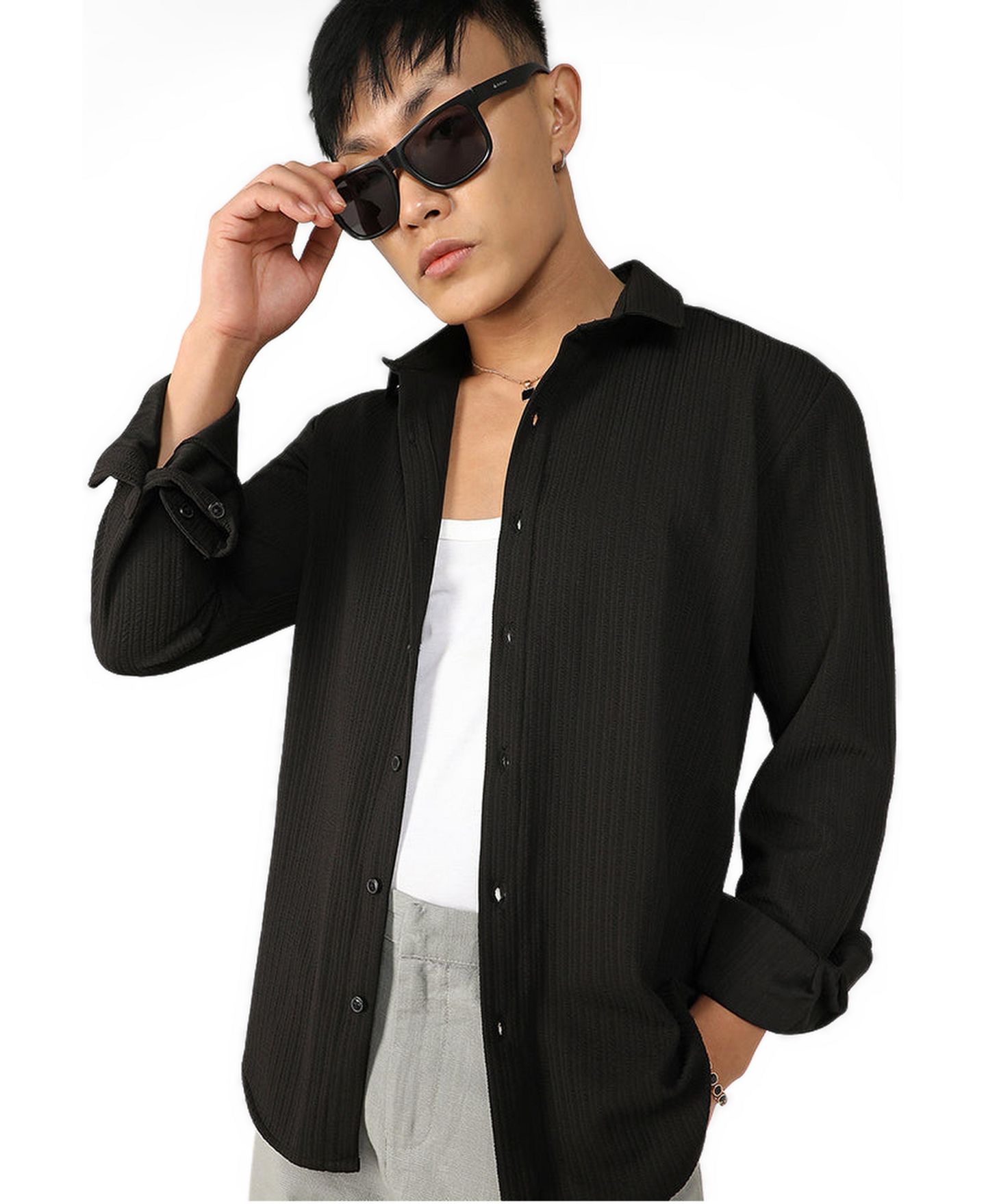 Мужская рубашка Campus Sutra Onyx Black Stripe-Creased, цвет: Чёрный — фото 5