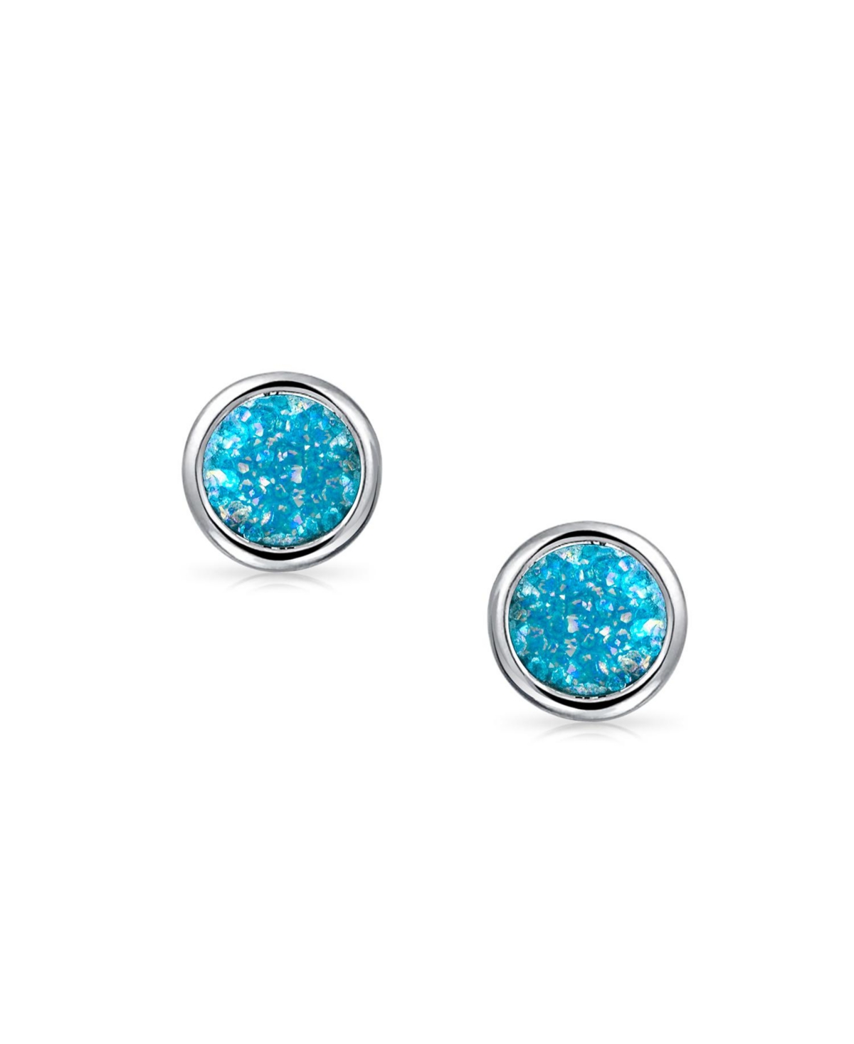 Bling Jewelry Boho Simple Fashion Bezel Set DyedBlue Druzy Natural Quartz Stud Earrings For Women For Silver Plated Brass - Aqua