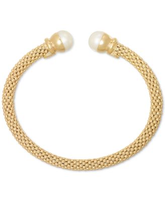 2-Pc. Set Cultured Freshwater Pearl (8 - 8-1/2mm) Mesh Cuff Bangle Bracelets in Sterling Silver & 14k Gold-Plate