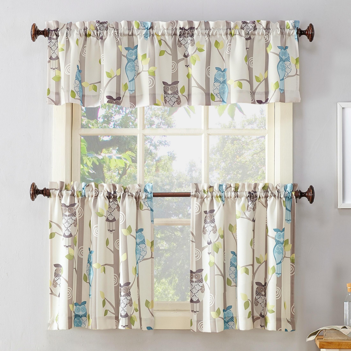 Hoot Owl Print Semi-Sheer Rod Pocket Kitchen Curtain Tier Pair
