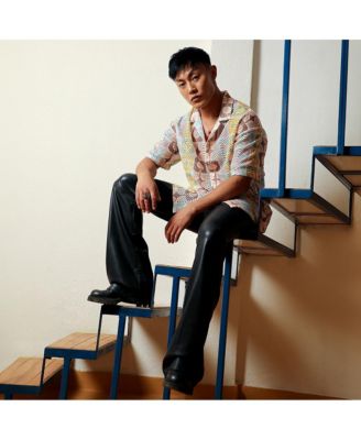 Men's Lemon Yellow & Chocolate Brown Geometric Block Oversized Shirt