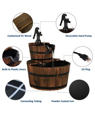 2-Tiers Outdoor Wooden Barrel Waterfall Fountain with Pump