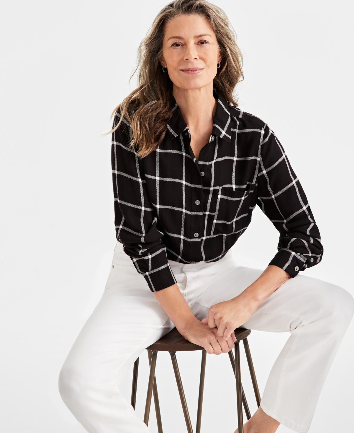 Style & Co Women's Plaid Button-front Perfect Shirt, Created For Macy's In Plaid Black