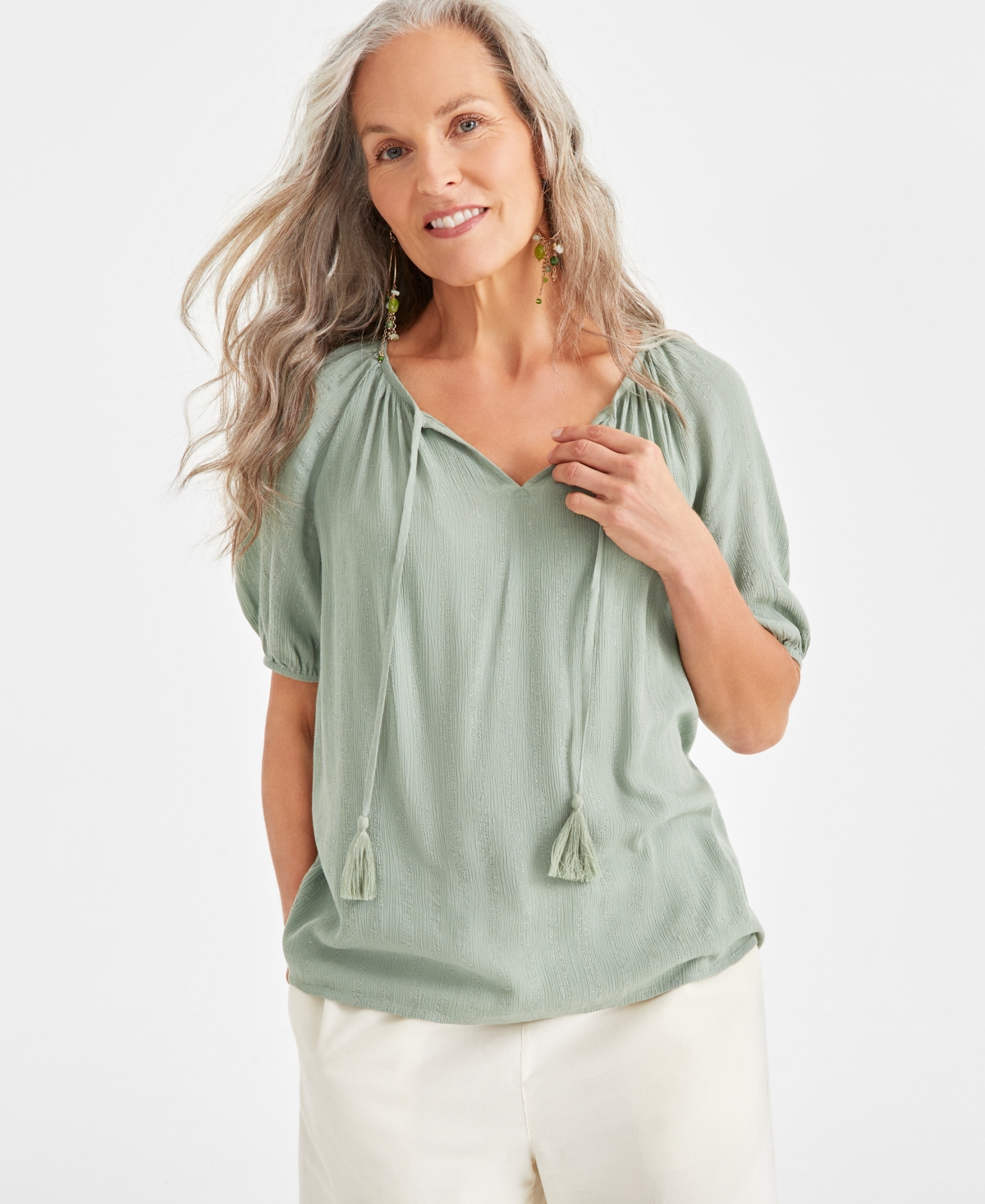 Style & Co Women's Split Neck Tassel Shine Top, Created For Macy's In Fresh Thyme